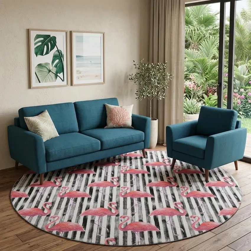 8' Pink Black And White Geometric Washable Round Rug With UV Protection Photo 1