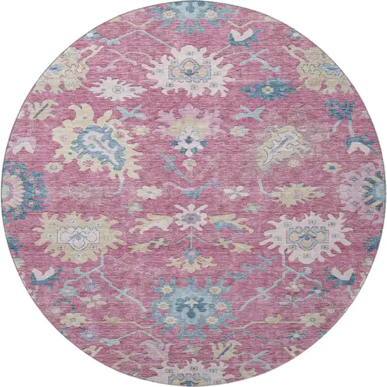 8' Pink Blue And Beige Floral Washable Round Rug With UV Protection Photo 3