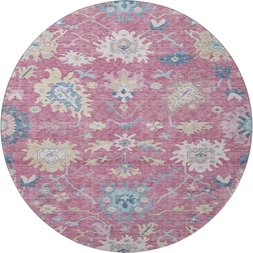 8' Pink Blue And Beige Floral Washable Round Rug With UV Protection Photo 3
