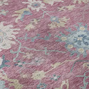 Photo of 8' Pink Blue And Beige Floral Washable Round Rug With UV Protection