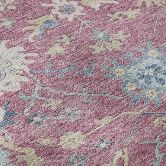 8' Pink Blue And Beige Floral Washable Round Rug With UV Protection Photo 8