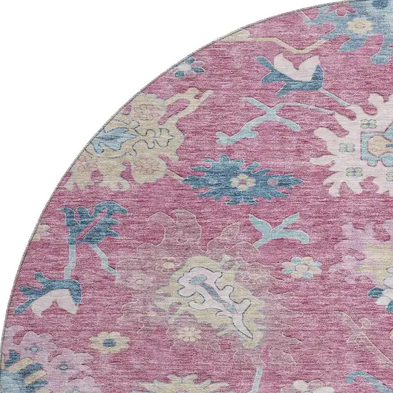 8' Pink Blue And Beige Floral Washable Round Rug With UV Protection Photo 2