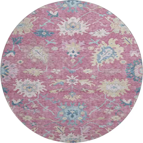 8' Pink Blue And Beige Floral Washable Round Rug With UV Protection Photo 1