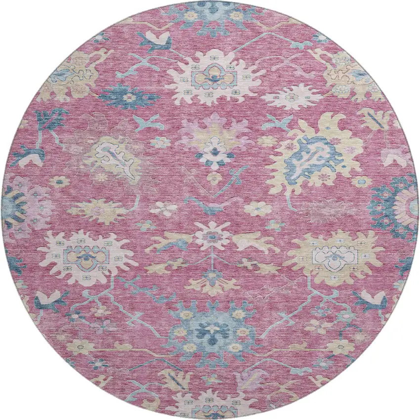 8' Pink Blue And Beige Floral Washable Round Rug With UV Protection Photo 1