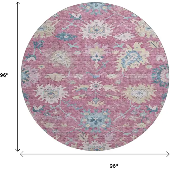 8' Pink Blue And Beige Floral Washable Round Rug With UV Protection Photo 9