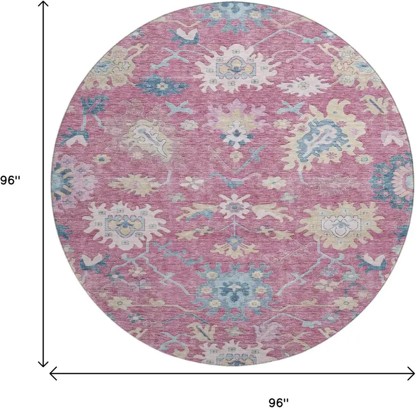 8' Pink Blue And Beige Floral Washable Round Rug With UV Protection Photo 9