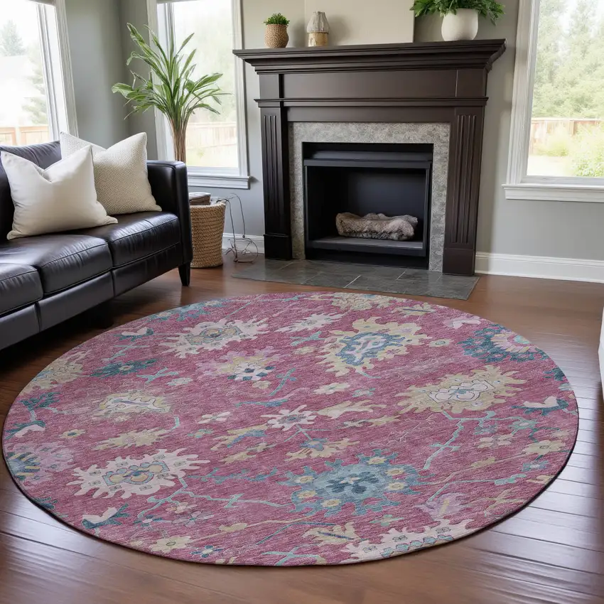 8' Pink Blue And Beige Floral Washable Round Rug With UV Protection Photo 4