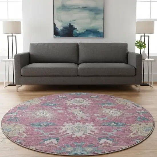 8' Pink Blue And Beige Floral Washable Round Rug With UV Protection Photo 2