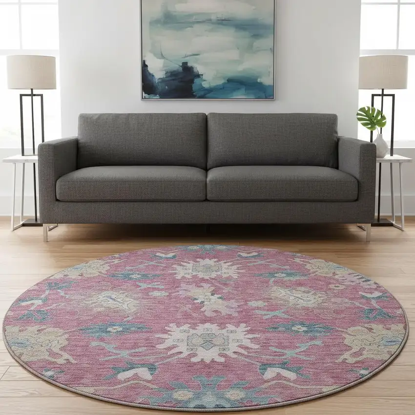 8' Pink Blue And Beige Floral Washable Round Rug With UV Protection Photo 2