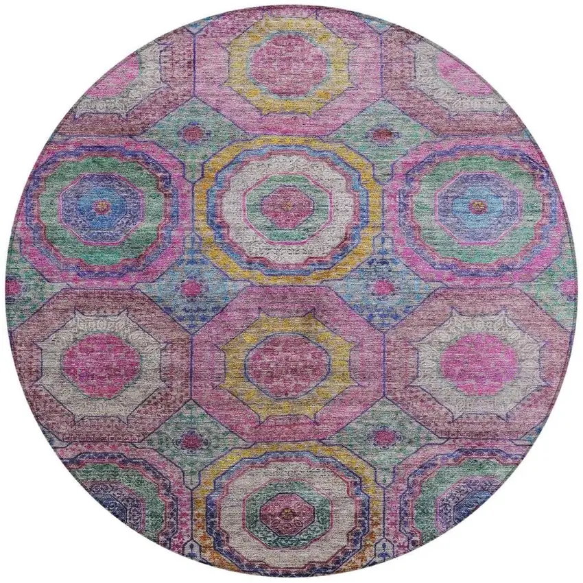 8' Pink Blue And Gold Round Geometric Washable Indoor Outdoor Area Rug Photo 3