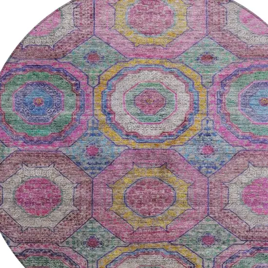 8' Pink Blue And Gold Round Geometric Washable Indoor Outdoor Area Rug Photo 8