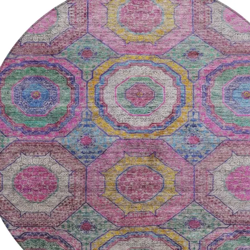 8' Pink Blue And Gold Round Geometric Washable Indoor Outdoor Area Rug Photo 8