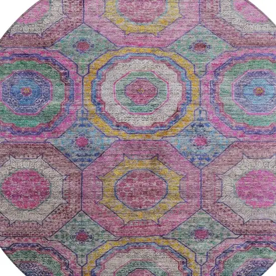8' Pink Blue And Gold Round Geometric Washable Indoor Outdoor Area Rug Photo 4