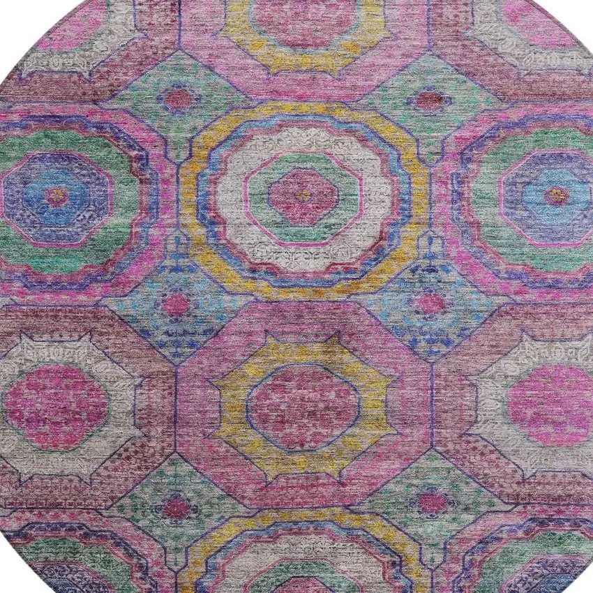 8' Pink Blue And Gold Round Geometric Washable Indoor Outdoor Area Rug Photo 4