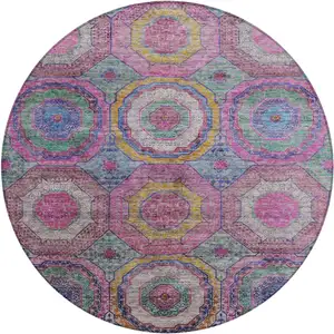 Photo of 8' Pink Blue And Gold Round Geometric Washable Indoor Outdoor Area Rug