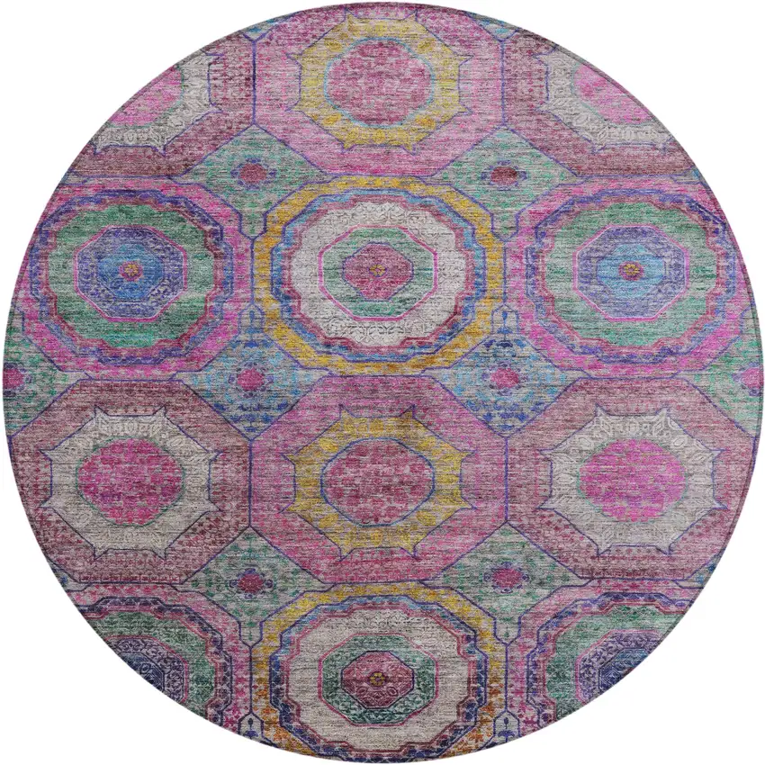 8' Pink Blue And Gold Round Geometric Washable Indoor Outdoor Area Rug Photo 1