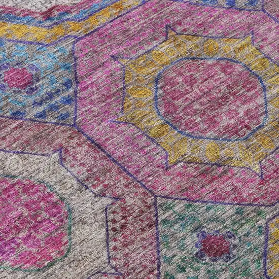 8' Pink Blue And Gold Round Geometric Washable Indoor Outdoor Area Rug Photo 9