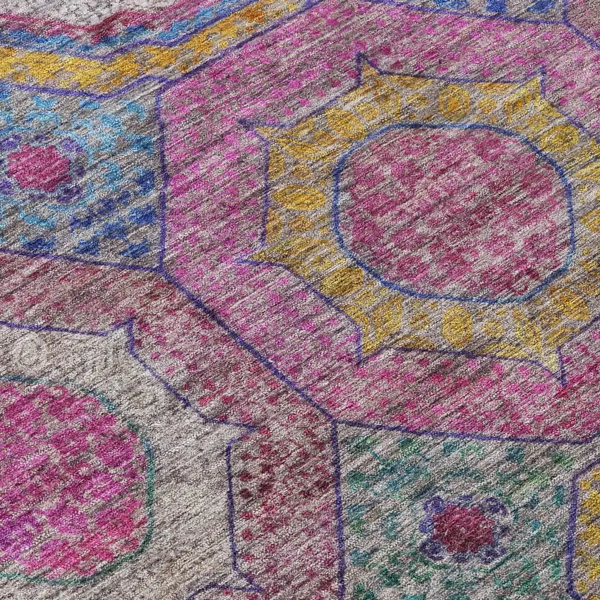 8' Pink Blue And Gold Round Geometric Washable Indoor Outdoor Area Rug Photo 9