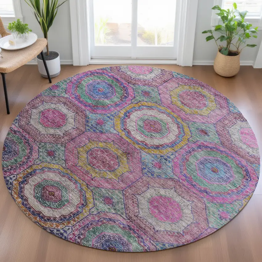 8' Pink Blue And Gold Round Geometric Washable Indoor Outdoor Area Rug Photo 5