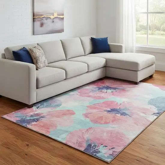 8' Pink Blue And Ivory Floral Washable Area Rug With UV Protection Photo 2