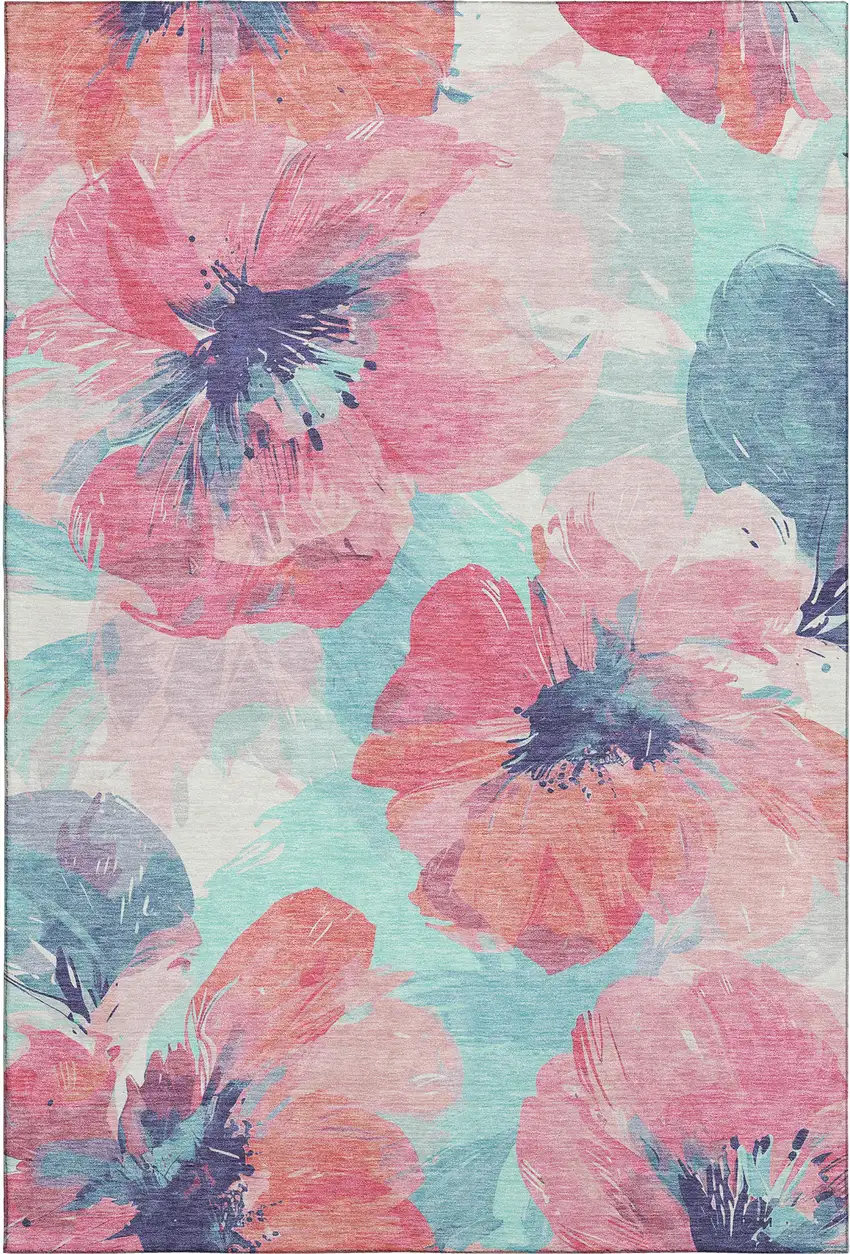 8' Pink Blue And Ivory Floral Washable Area Rug With UV Protection Photo 1