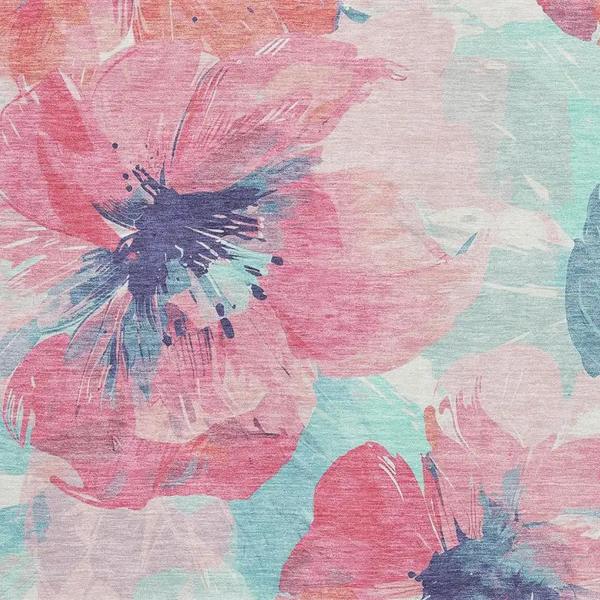 8' Pink Blue And Ivory Floral Washable Area Rug With UV Protection Photo 2