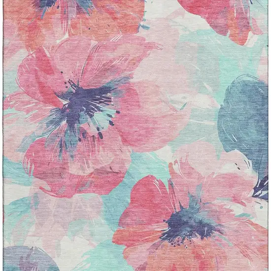 8' Pink Blue And Ivory Floral Washable Area Rug With UV Protection Photo 3