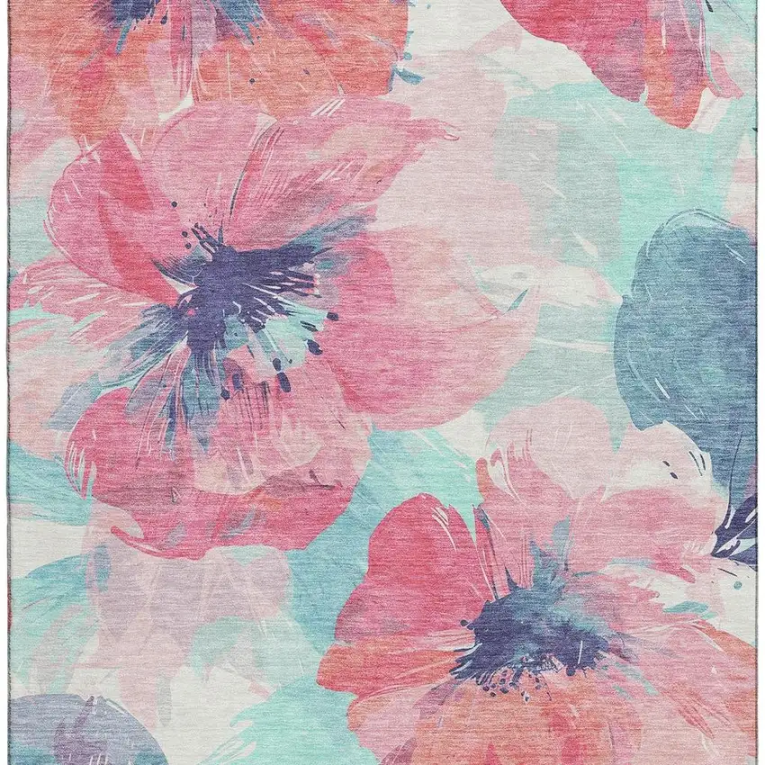 8' Pink Blue And Ivory Floral Washable Area Rug With UV Protection Photo 3