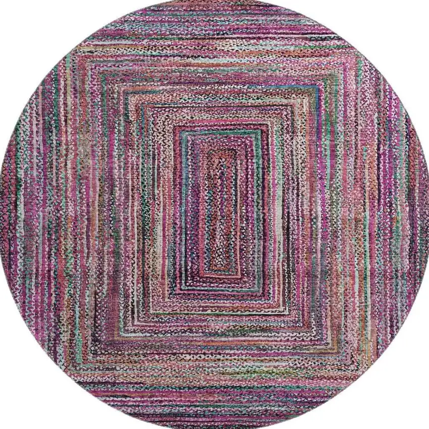 8' Pink Blue And Orange Geometric Washable Round Rug With UV Protection Photo 3