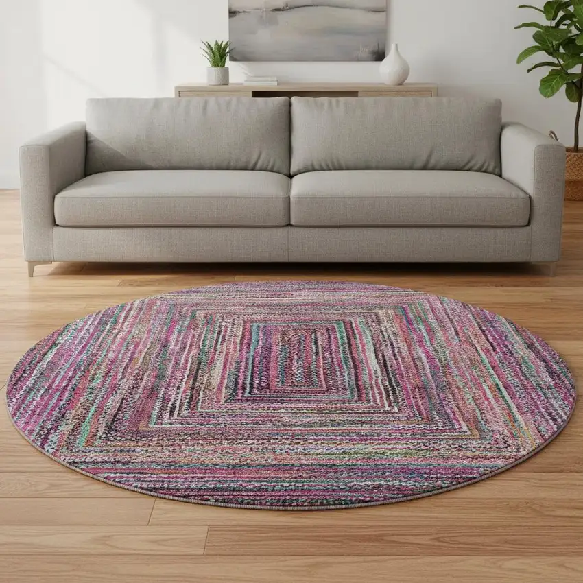 8' Pink Blue And Orange Geometric Washable Round Rug With UV Protection Photo 2