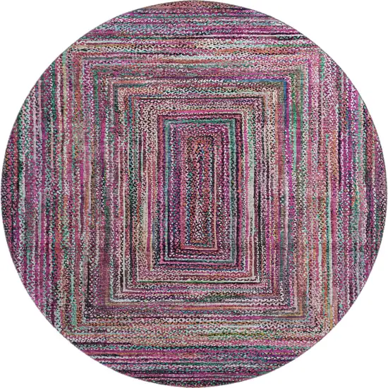 8' Pink Blue And Orange Geometric Washable Round Rug With UV Protection Photo 1
