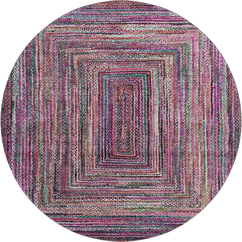 8' Pink Blue And Orange Geometric Washable Round Rug With UV Protection Photo 1