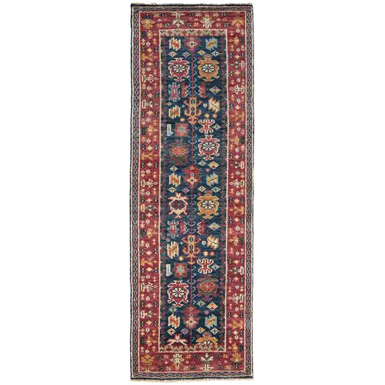 8' Pink Blue And Orange Wool Floral Hand Knotted Distressed Stain Resistant Runner Rug With Fringe Photo 1