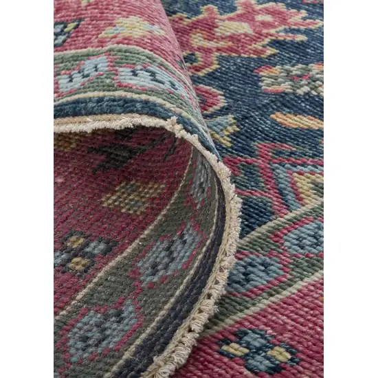 8' Pink Blue And Orange Wool Floral Hand Knotted Distressed Stain Resistant Runner Rug With Fringe Photo 5