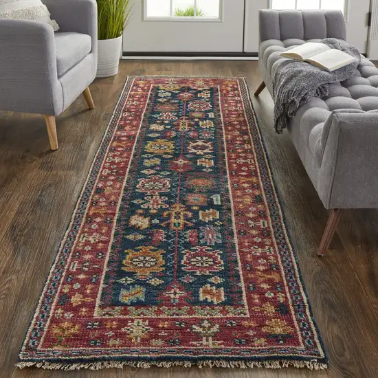 8' Pink Blue And Orange Wool Floral Hand Knotted Distressed Stain Resistant Runner Rug With Fringe Photo 4