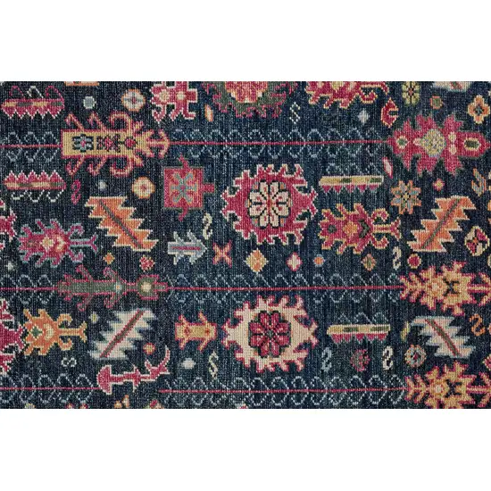 8' Pink Blue And Orange Wool Floral Hand Knotted Distressed Stain Resistant Runner Rug With Fringe Photo 3