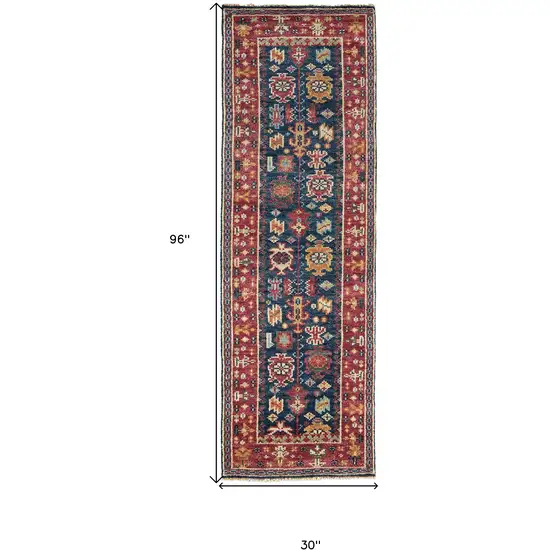 8' Pink Blue And Orange Wool Floral Hand Knotted Distressed Stain Resistant Runner Rug With Fringe Photo 6