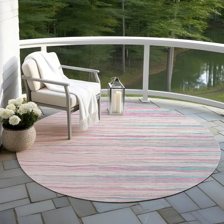 8' Pink Blue And Purple Round Striped Washable Indoor Outdoor Area Rug Photo 7