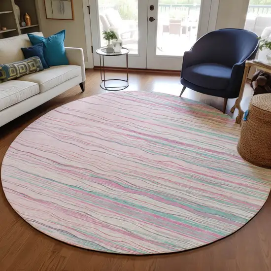 8' Pink Blue And Purple Round Striped Washable Indoor Outdoor Area Rug Photo 8