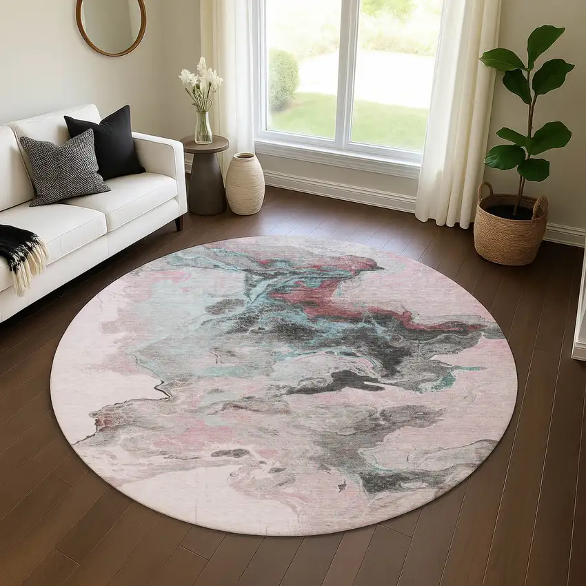 8' Pink Blue And Silver Abstract Washable Round Rug With UV Protection Photo 4