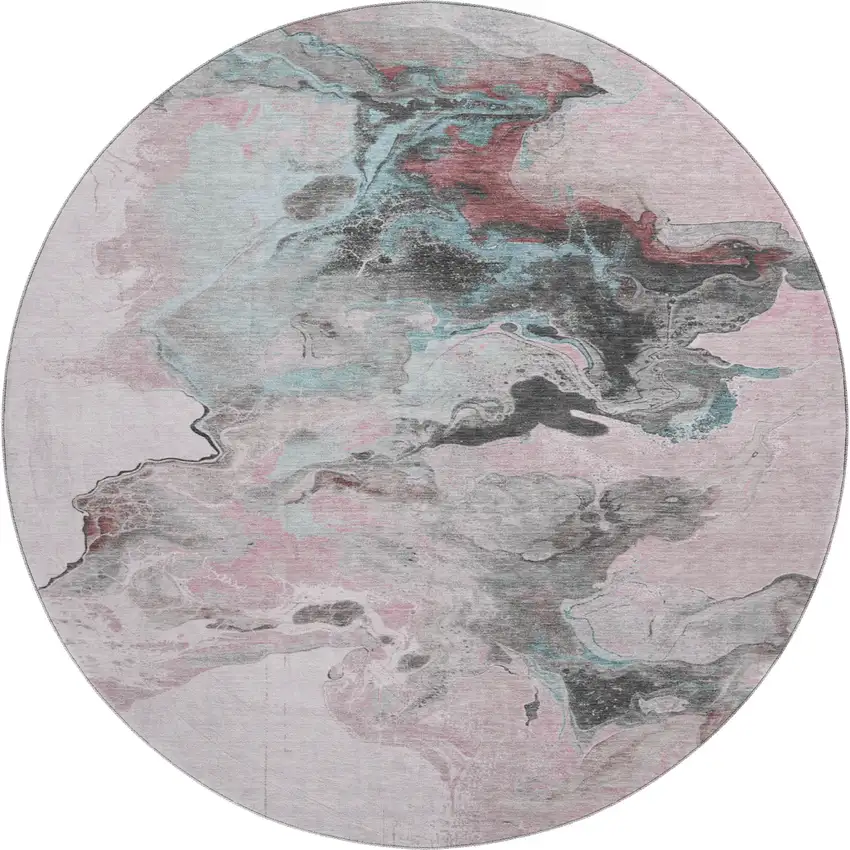 8' Pink Blue And Silver Abstract Washable Round Rug With UV Protection Photo 1