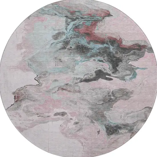 8' Pink Blue And Silver Abstract Washable Round Rug With UV Protection Photo 3