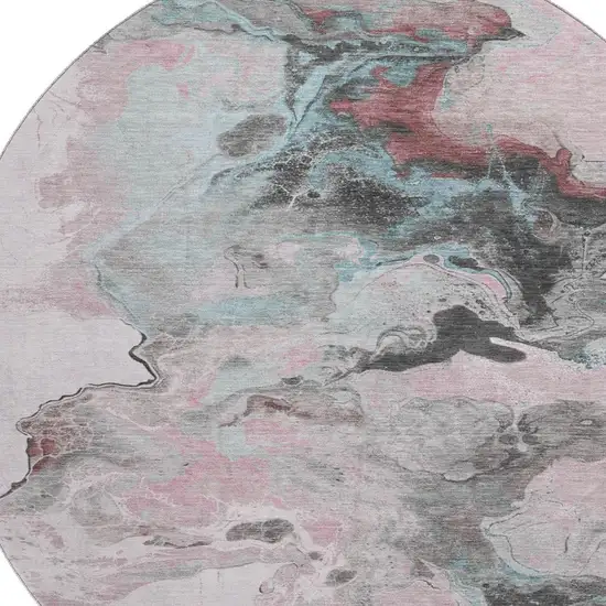 8' Pink Blue And Silver Abstract Washable Round Rug With UV Protection Photo 2