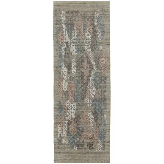 10' Pink Blue And Taupe Abstract Hand Woven Runner Rug Photo 1