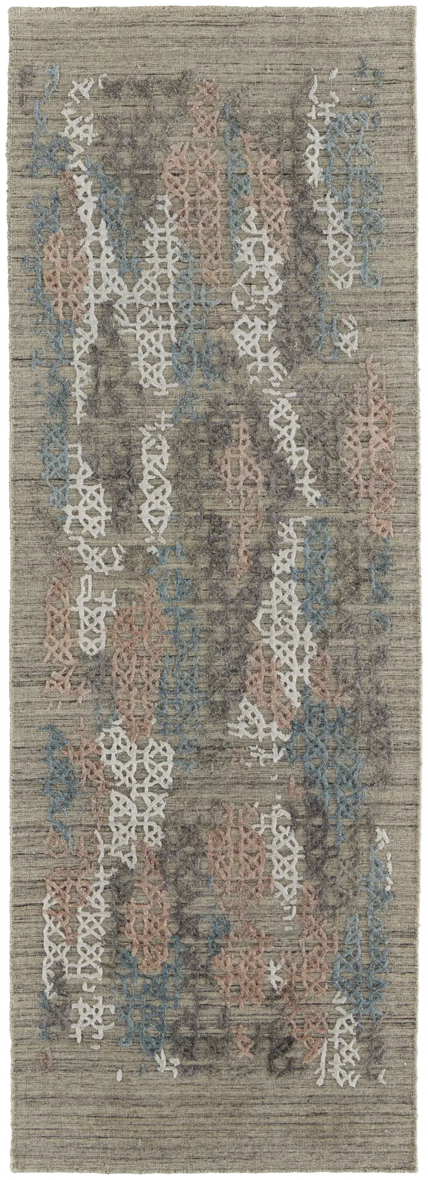 10' Pink Blue And Taupe Abstract Hand Woven Runner Rug Photo 1
