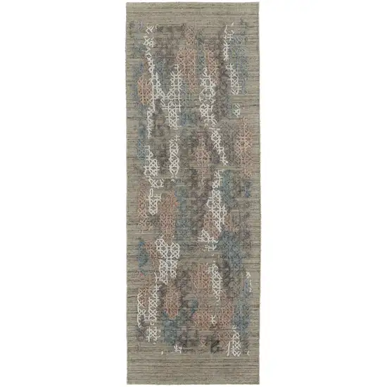 10' Pink Blue And Taupe Abstract Hand Woven Runner Rug Photo 2