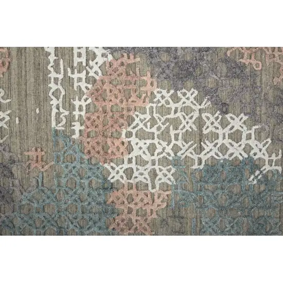 10' Pink Blue And Taupe Abstract Hand Woven Runner Rug Photo 6