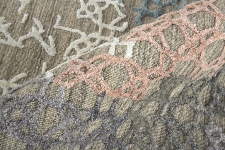 10' Pink Blue And Taupe Abstract Hand Woven Runner Rug Photo 4
