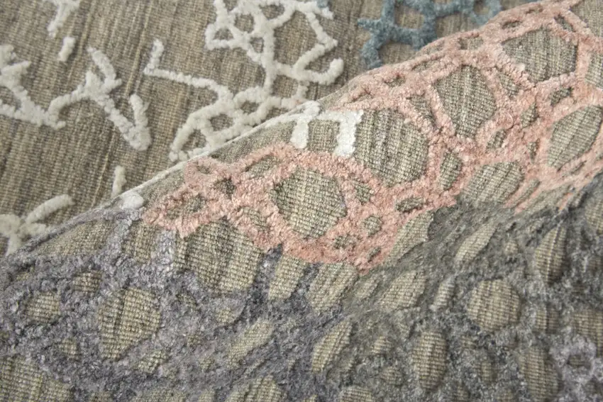 10' Pink Blue And Taupe Abstract Hand Woven Runner Rug Photo 5