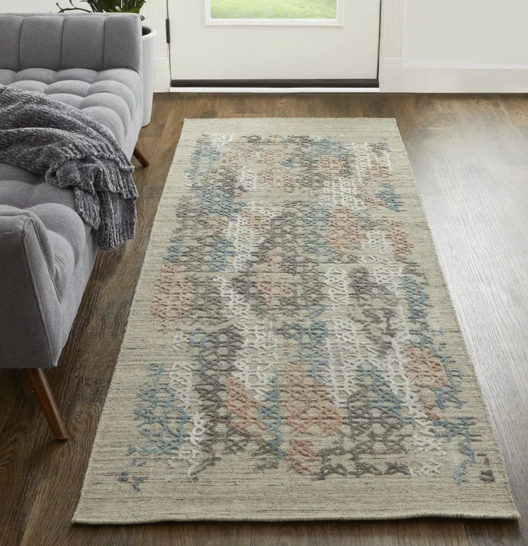10' Pink Blue And Taupe Abstract Hand Woven Runner Rug Photo 3